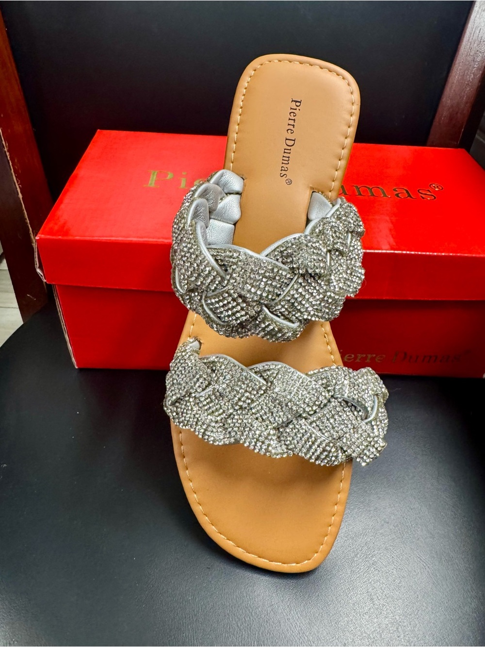 Pierre Dumas Silver Braided Crystal Slide Sandals